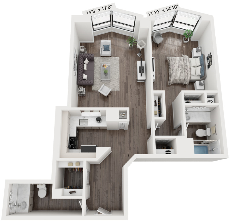 Floor plan for 1 bed, 1.5 baths, 855 sqft